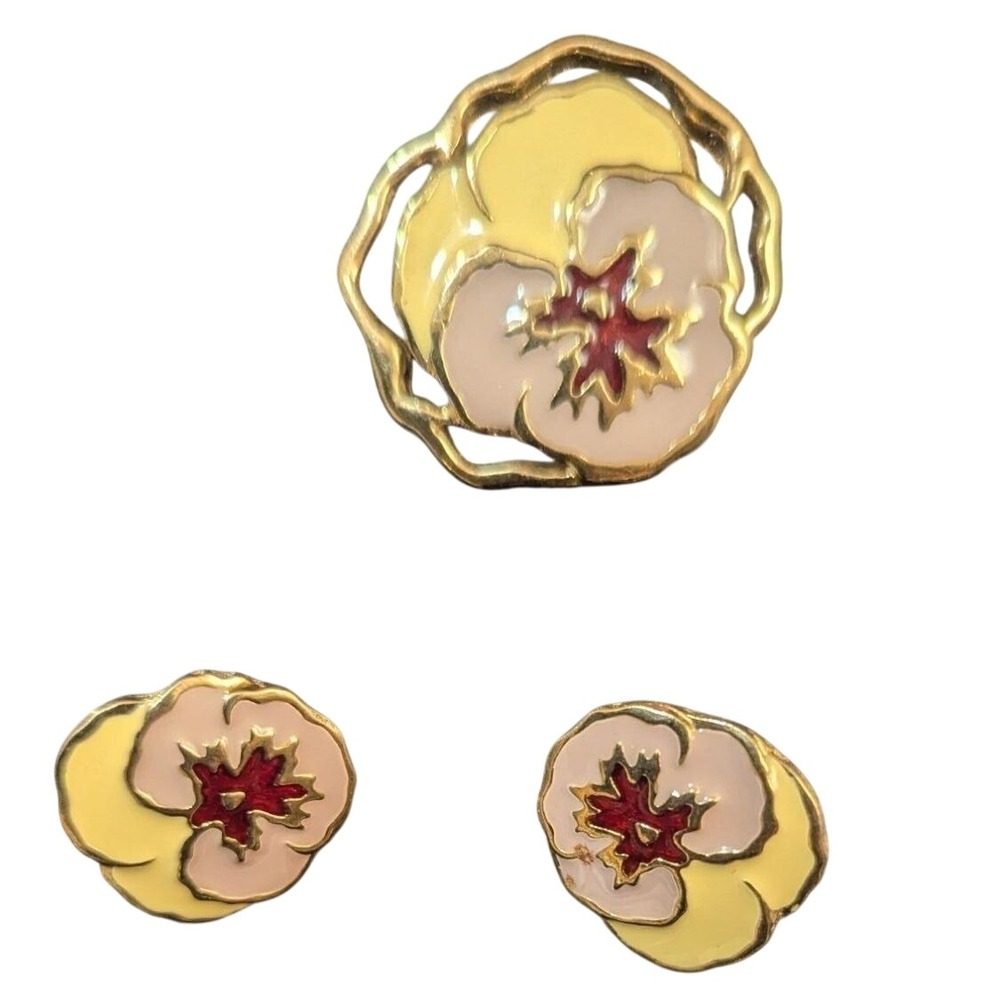 Vitg‎ Enamel Pansy Flower Brooch and Clip On Earrings Set Gold Tone Yellow Pink